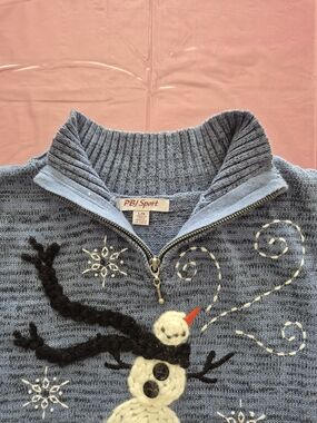 Vintage PBJ Sport Women's Light Blue Snowman 1/4 Zip Holiday Christmas Sweater L